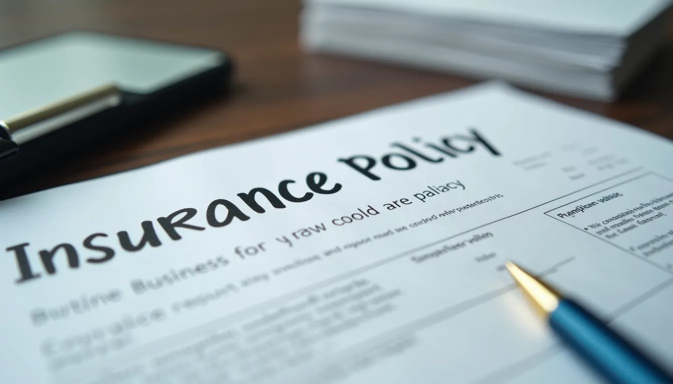 Close-up view of a business insurance policy document on a desk