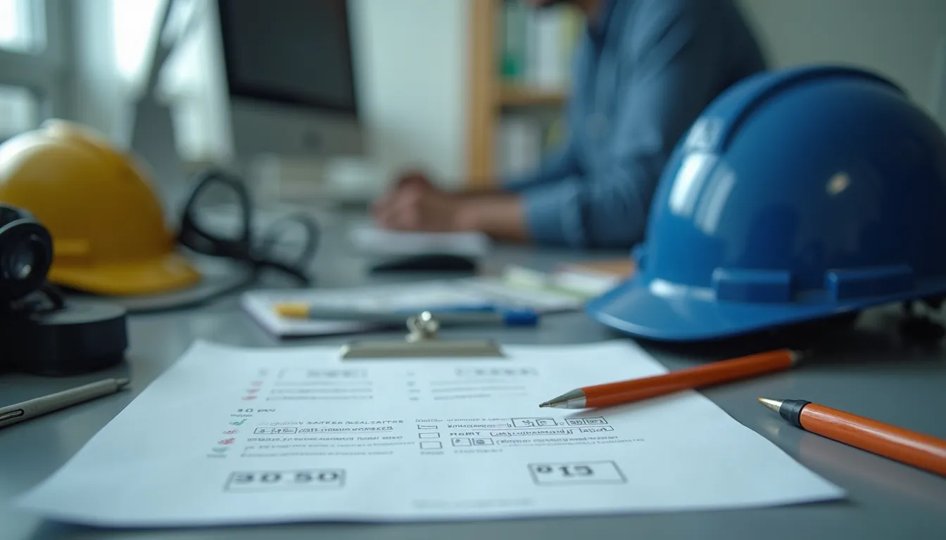 Close-up view of safety equipment and checklist on desk