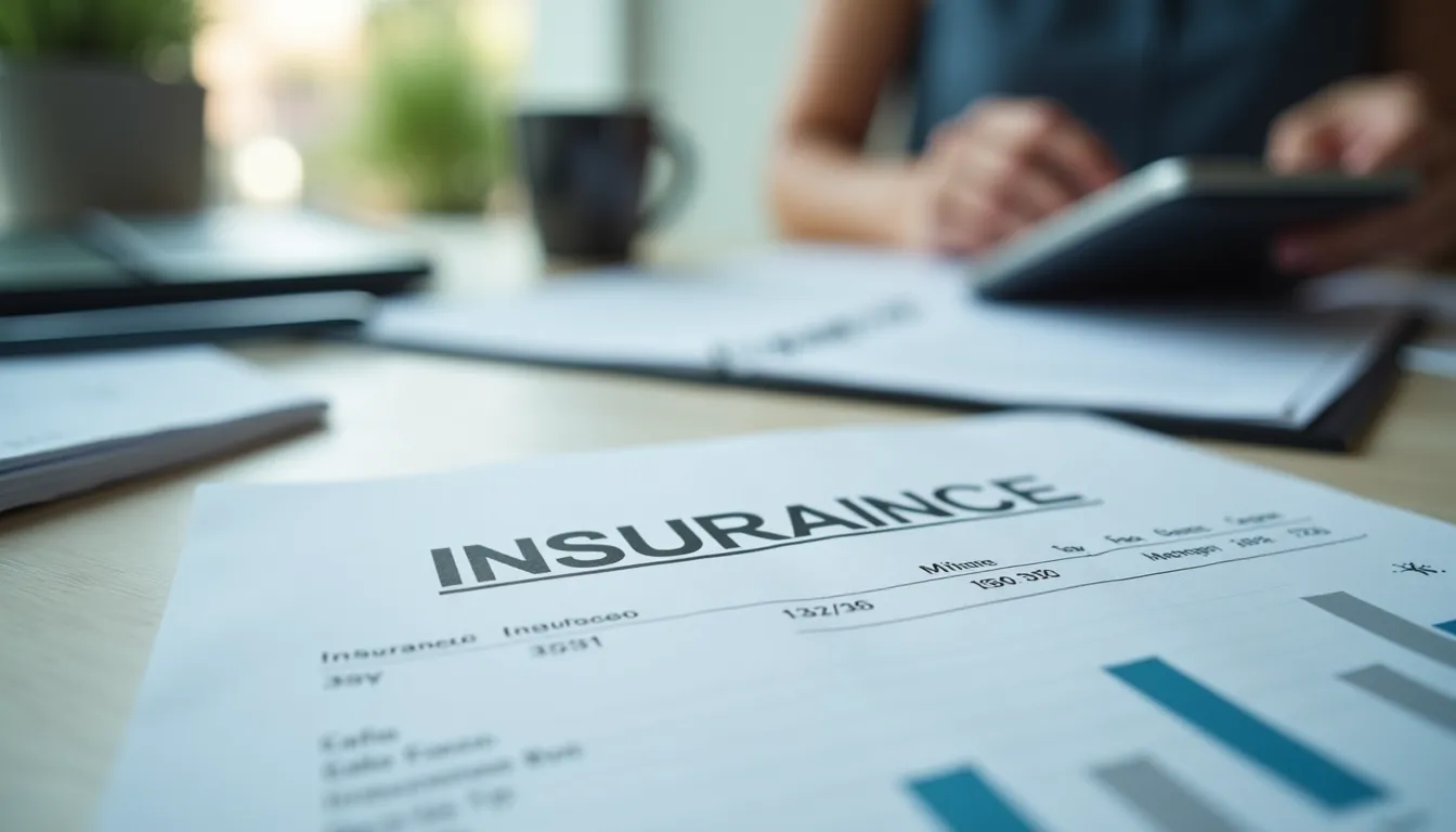 Close-up view of insurance documents and a calculator on a desk