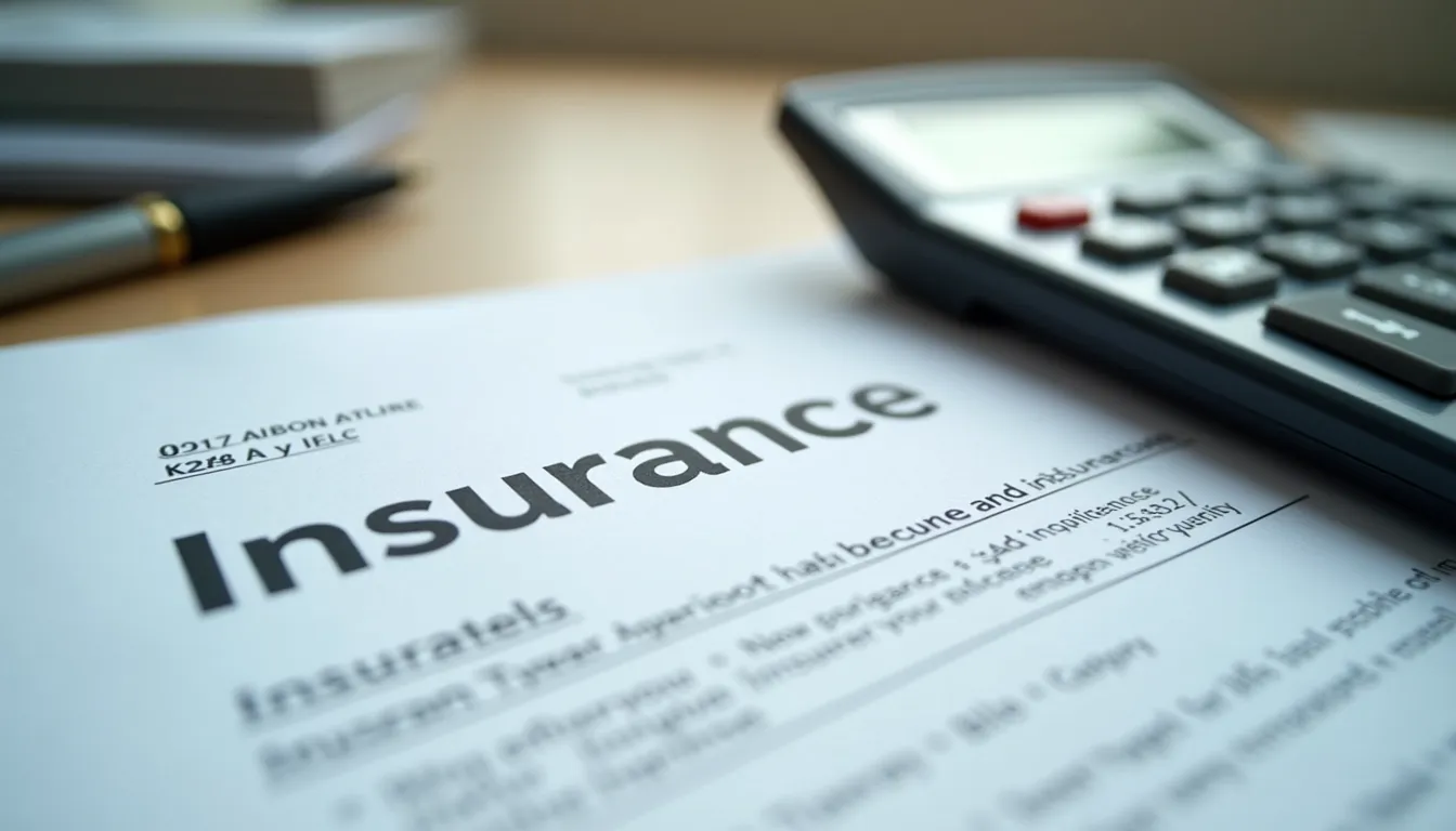 Close-up view of insurance documents and a calculator on a desk