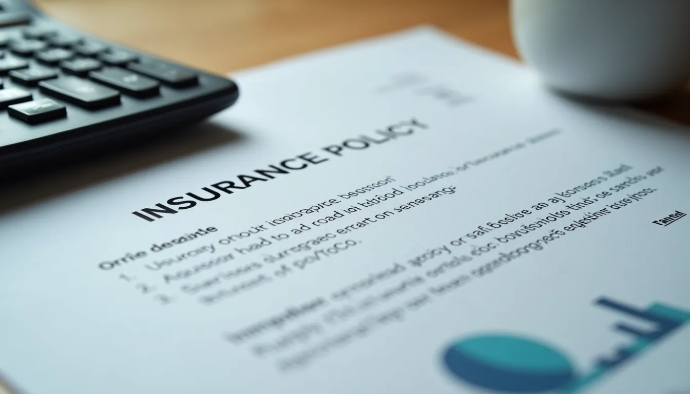 Close-up view of a calculator and insurance policy documents on a desk
