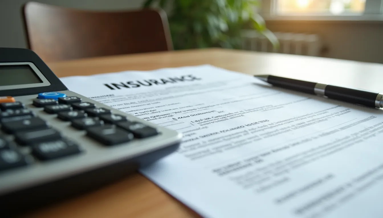 Close-up view of a calculator and insurance policy on a wooden table